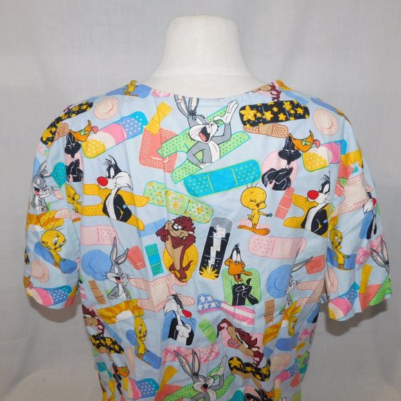 Looney Tunes Womens XL Scrub Top Shirt Band Aids Taz Bugs Bunny Tweety Daffy - Picture 13 of 14